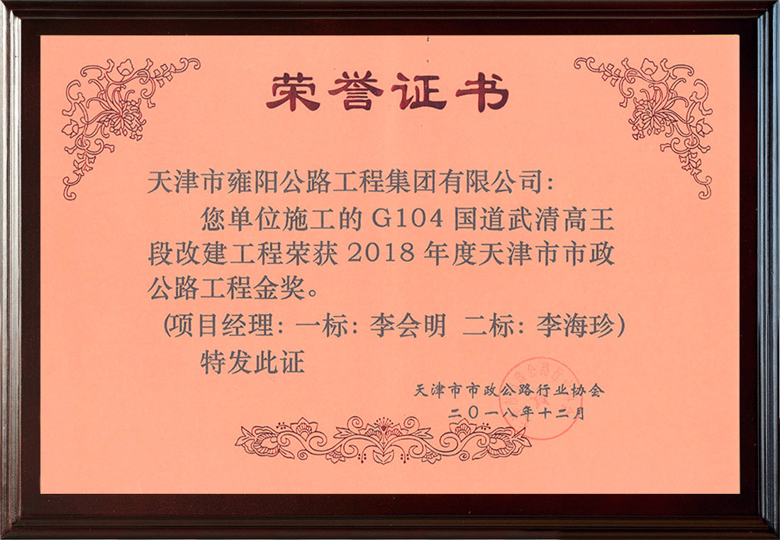 武清高王榮獲2018年度市政公路工程金獎