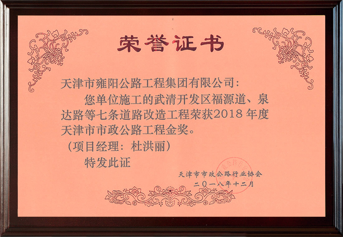 武清開發區福源道、泉達路等榮獲2018年度天津市市政公路工程金獎